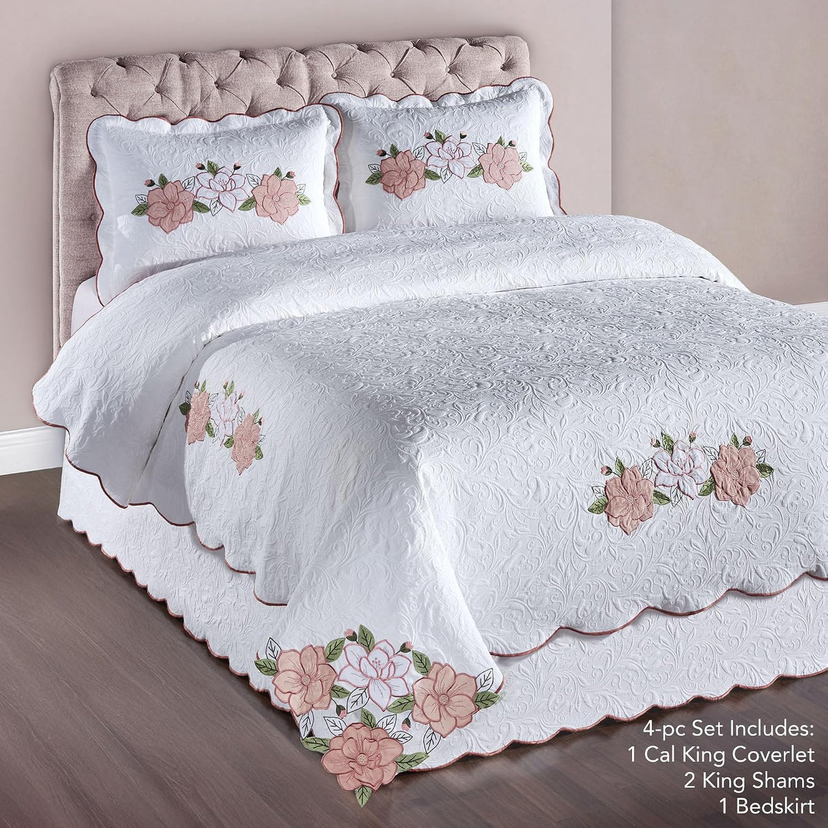Lovington Floral Luxury Matelasse Bedding | Rose Pink and White Velvet Flower Embroidered Appliques | 4-Pc Textured Scroll Lightweight Bed Set: Oversized Cal King Coverlet, Bedskirt, & 2 King Shams