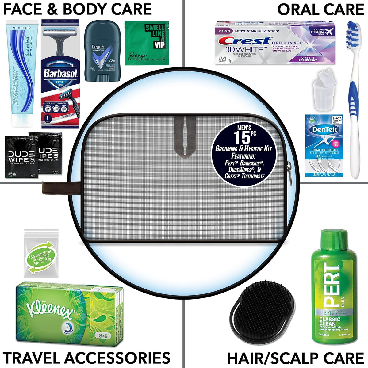 Convenience Kits International Men's Premium 15-Piece Assembled Travel Kit Featuring: Gillette and Barbasol Shave Products