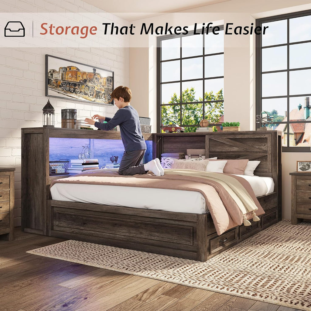 Jocisland Twin Corner Bed Frame with Storage Drawers and Bookcase Headboard, Charging Station and Led Lights, Farmhouse Wood Daybed for Kids Teens, No Box Spring Needed, Grey