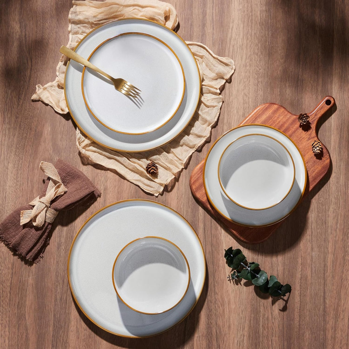 E-far Plates and Bowls Set for 8, 24-Piece Stoneware Dinnerware Sets, Ceramic Dinning Ware Reactive Glaze Dishes Set, Microwave & Dishwasher Safe - Seashell White