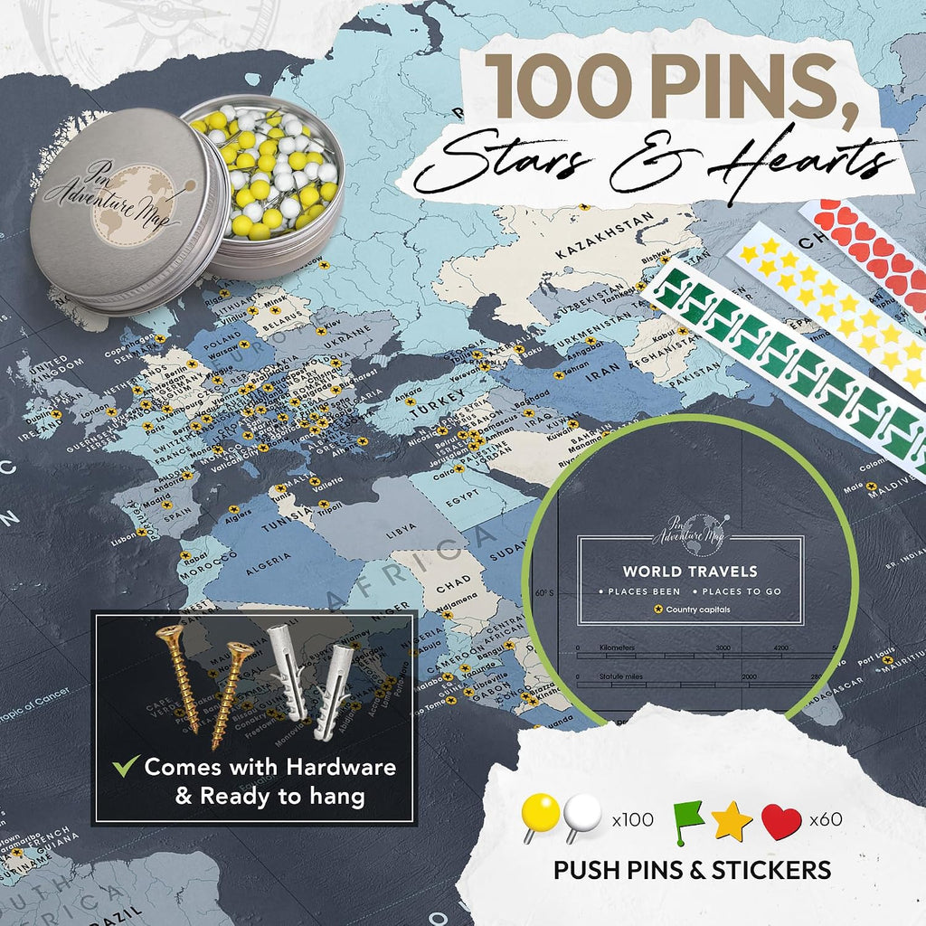 World Map Canvas with Pins: Explore Political or Tourist Destinations in 5 Colors. | Perfect Gift for Travelers' sized 22' x 16' | by Pin Adventure map (Navy, Political map)