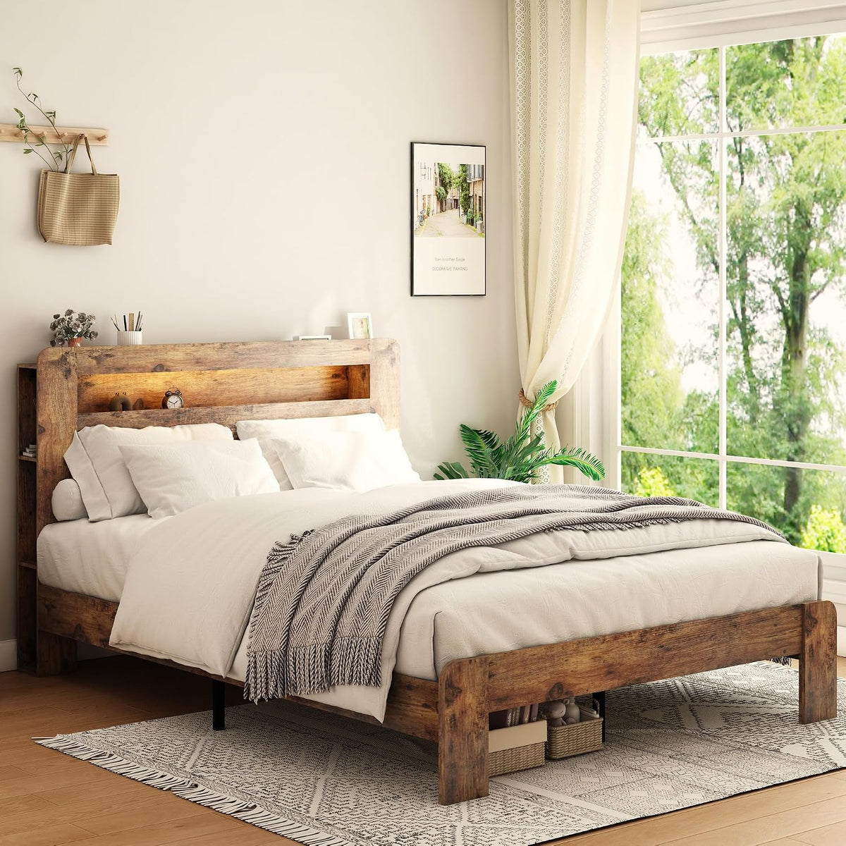 Ball & Cast Full Size Bed Frame with Storage Headboard,Wood Platform Full Bed with LED Light & USB Port,Noise Free,No Box Spring Needed,Easy Assembly,Dark Brown