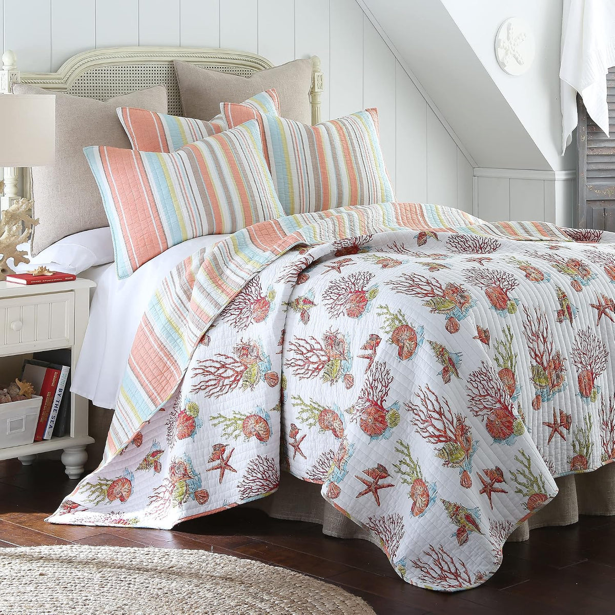 Levtex Home Brighton Coral Full/Queen Cotton Quilt Set Stripe Coastal