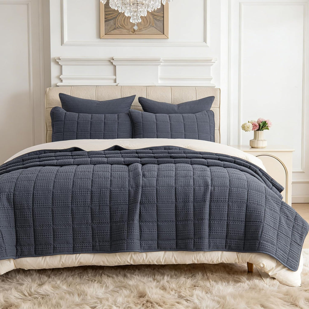 120x128 Cotton Quilt Bedding Set Oversized King Size Quilted Bedspread Sets with 2 Shams,3 Pieces Lightweight Soft Bedding Sets for All Season,Gray Blue