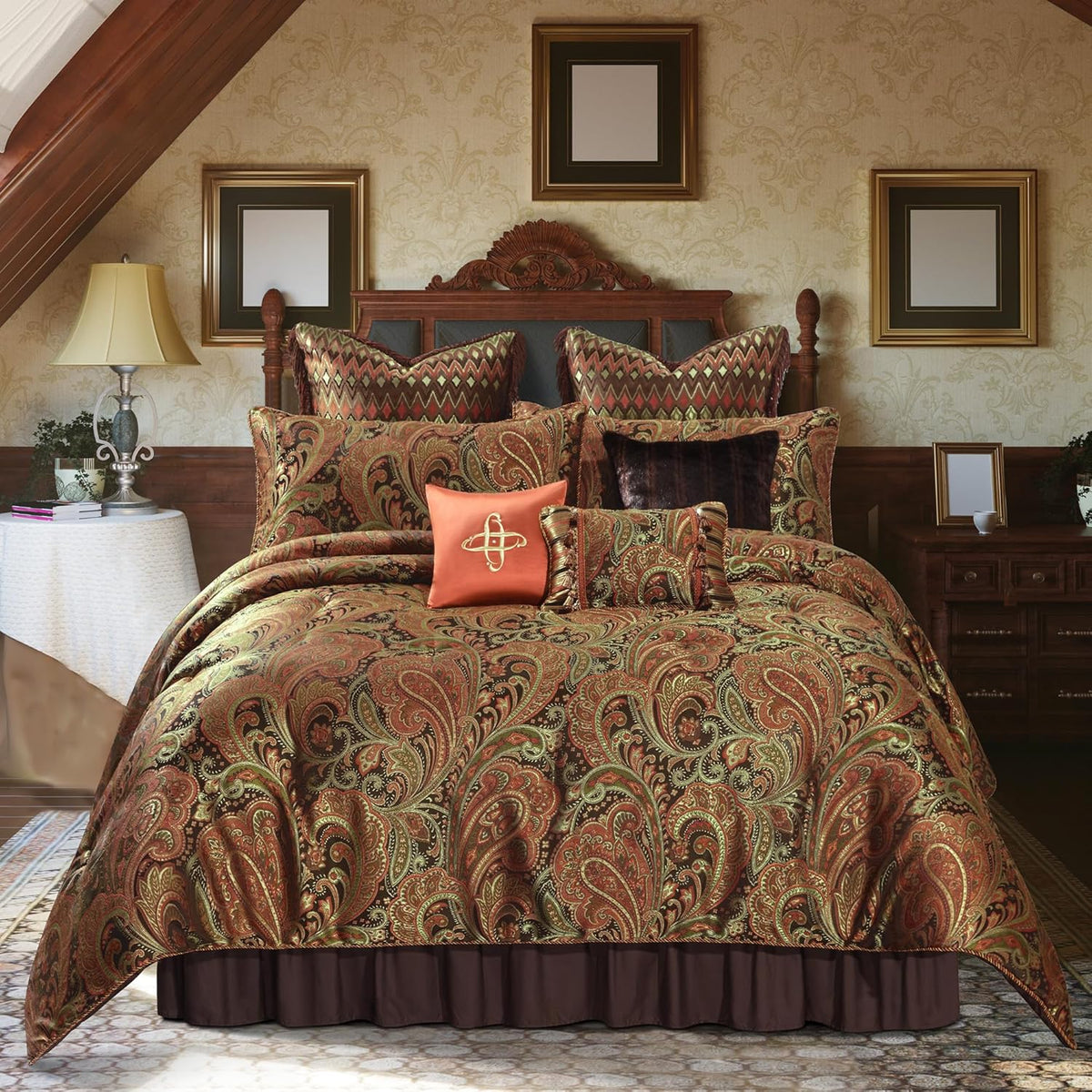 Loom and Mill 9-Piece Jacquard Comforter Sets Queen, Classic Paisley Design Bed in a Bag, Luxury Vintage Damask Bedding Set with Euro Shams, Bedskirt, Filled Decorative Pillow for Home(Queen)