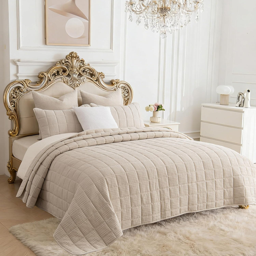 120x128 Cotton Quilt Bedding Set Oversized King Size Quilted Bedspread Sets with 2 Shams,3 Pieces Lightweight Soft Bedding Sets for All Season,Khaki