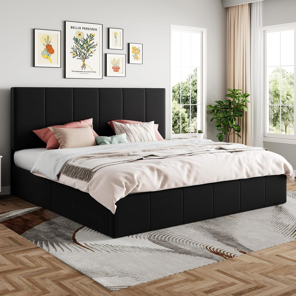 SHA CERLIN King Size Lift Up Storage Bed Frame, Adjustable Headboard, Hydraulic Support, Velvet Upholstered, Easy Installation, No Box Spring Needed, Black