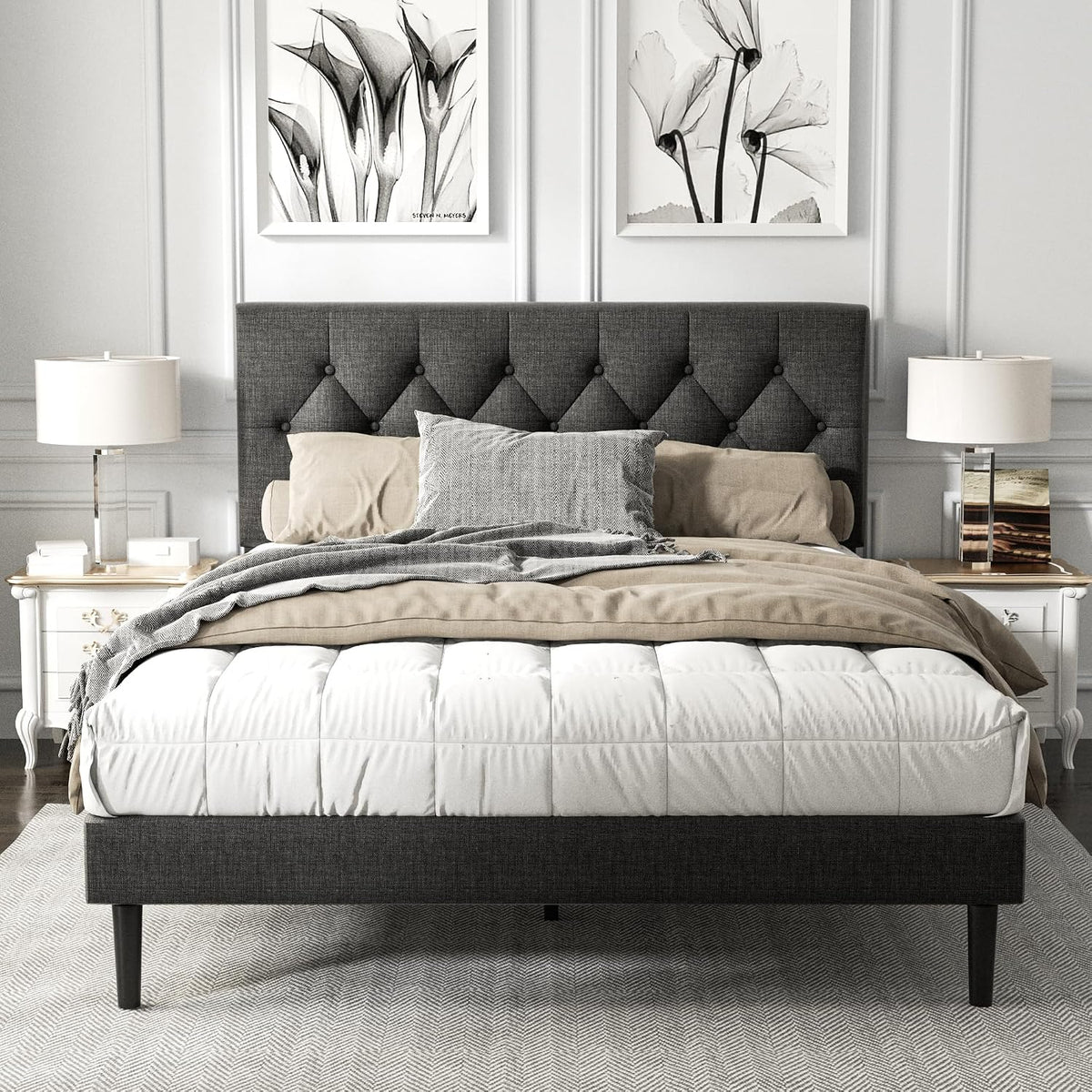 HAOARA Queen Size Platform Bed Frame with Upholstered Button Tufted Headboard, Mattress Foundation with Wooden Slat Support, Noise Free, No Box Spring Needed, Easy Assembly, Dark Grey