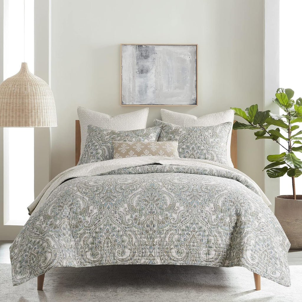 Levtex Home - Assisi Quilt Set - Full/Queen Quilt and Two Standard Shams - Regal Floral- Cream, Green, Blue and Taupe - Quilt (88x92in.) and Shams (20x26in.) - Reversible - Cotton/Cotton