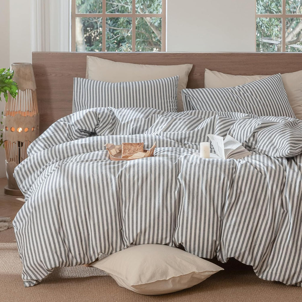 MooMee Striped Duvet Cover Set 100% Washed Cotton Linen Like Textured Breathable Durable Soft Comfy (Dark Grey White Classic Stripes, Palatial King/Oversized King 120'x98')