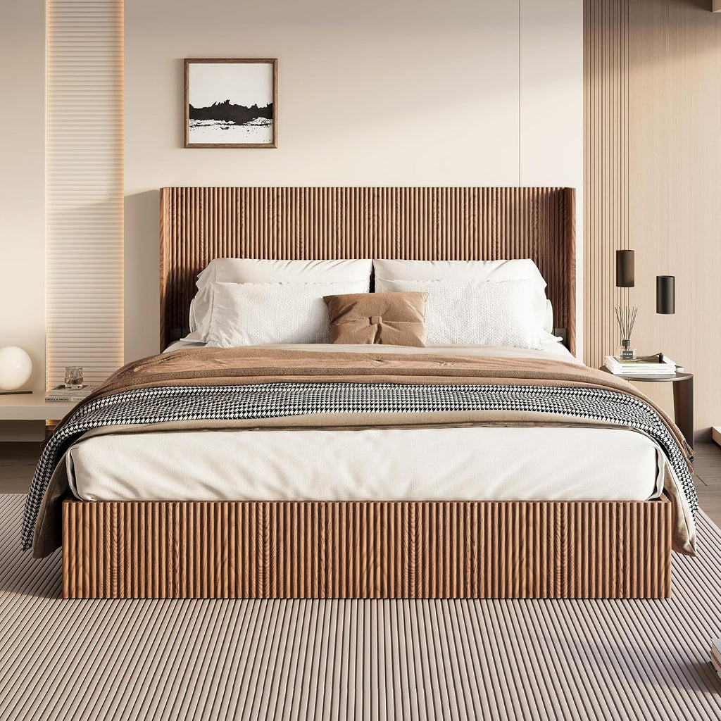 Lift Up Storage Bed King Size, King Bed Frame with Headboard and Lift Storage System, Wood Headboard with Wing-Back and Convex Groove Board Design