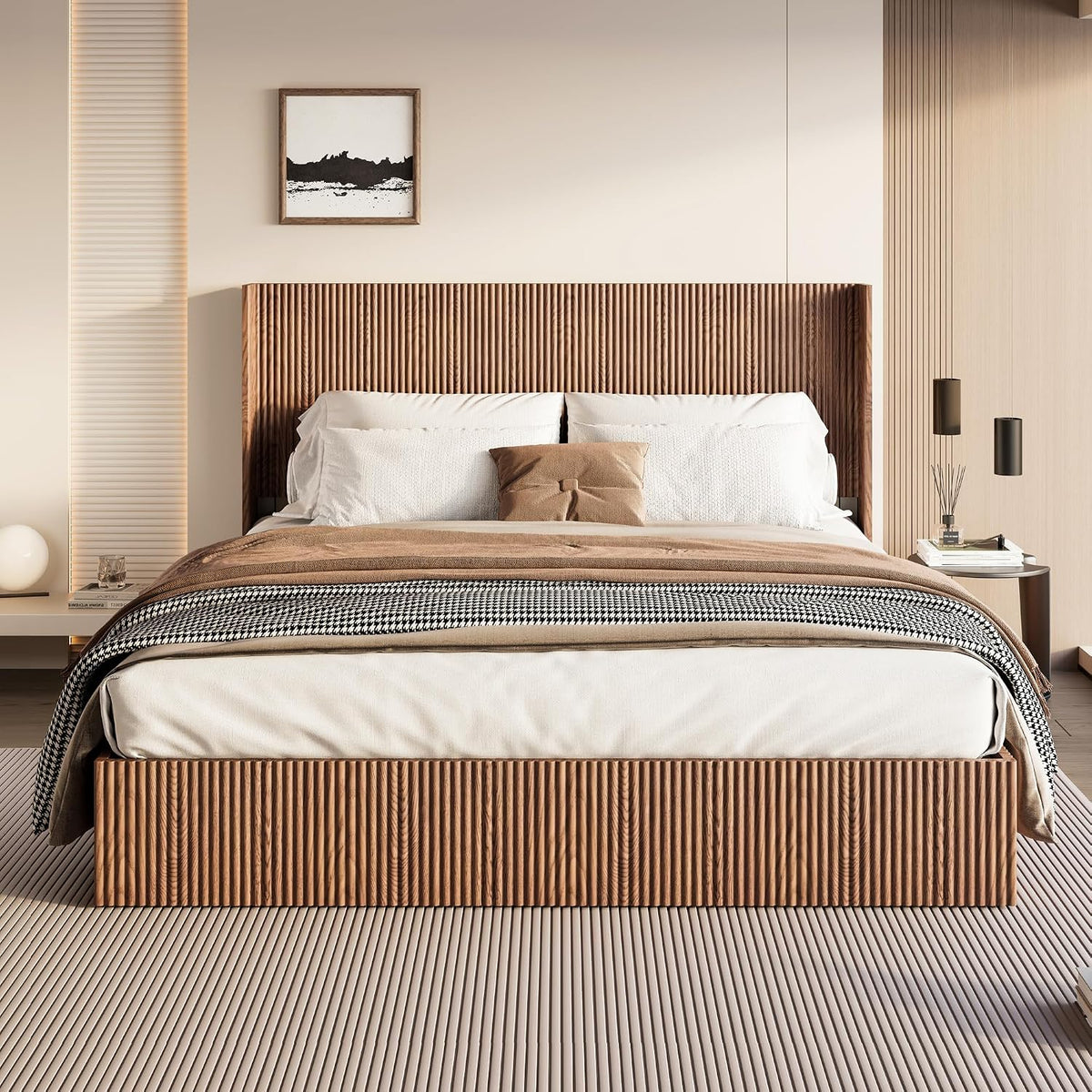 Lift Up Storage Bed King Size, King Bed Frame with Headboard and Lift Storage System, Wood Headboard with Wing-Back and Convex Groove Board Design