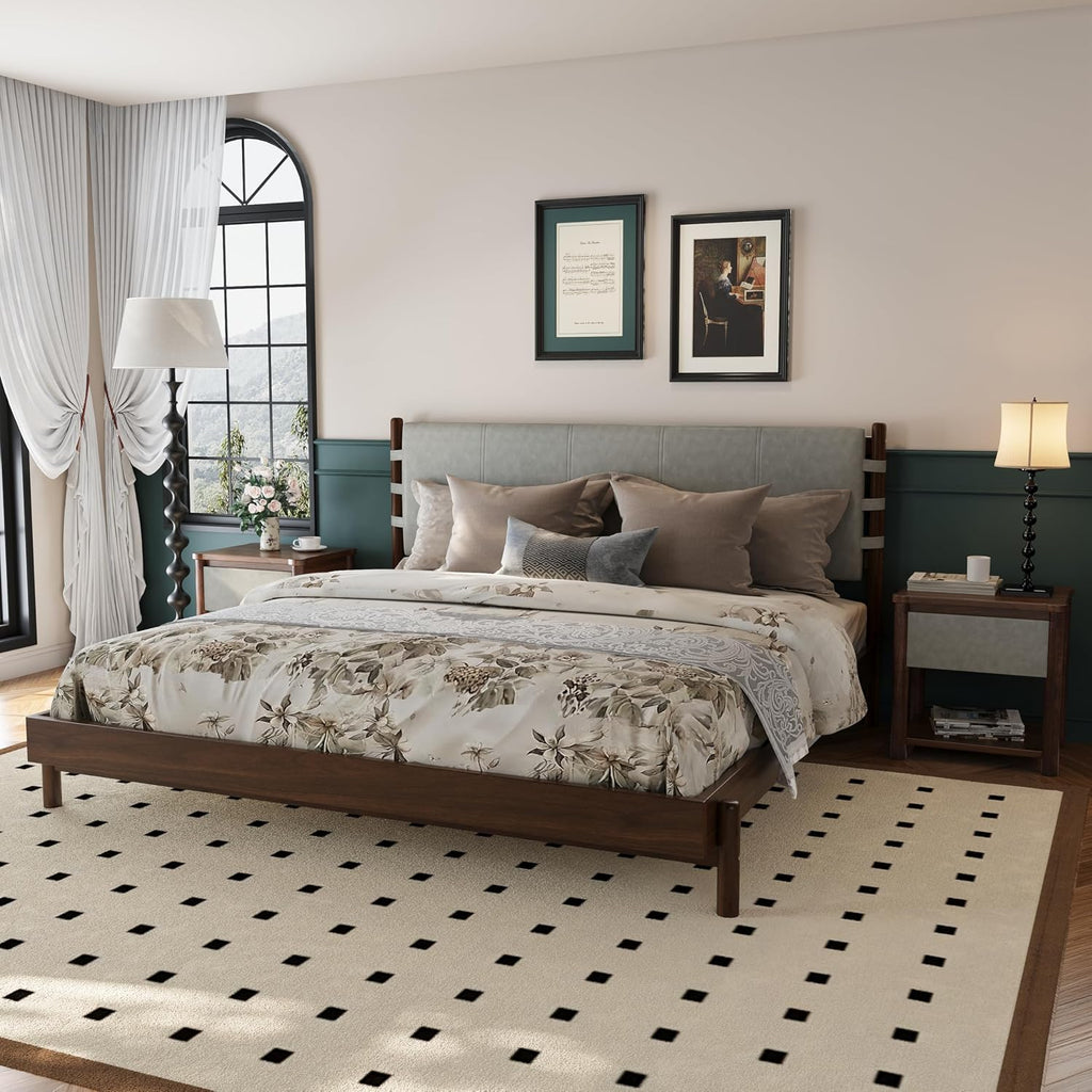 King Bedroom Set, King Size Platform Bed Frame with 2 Bedside Tables and Headboard Included, Mid Century Modern Wood Bed Frames, Slat Support (Light Gray + Walnut, King)