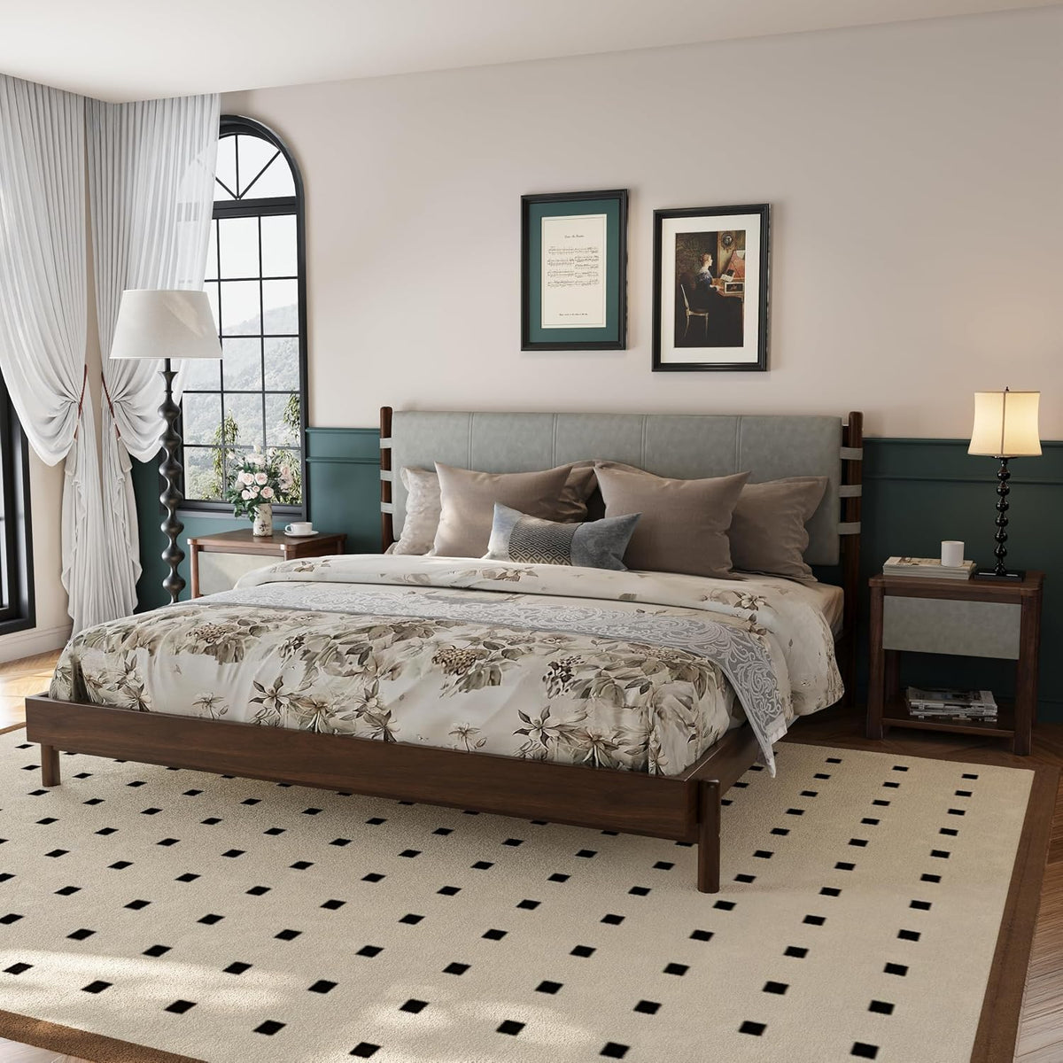 King Bedroom Set, King Size Platform Bed Frame with 2 Bedside Tables and Headboard Included, Mid Century Modern Wood Bed Frames, Slat Support (Light Gray + Walnut, King)
