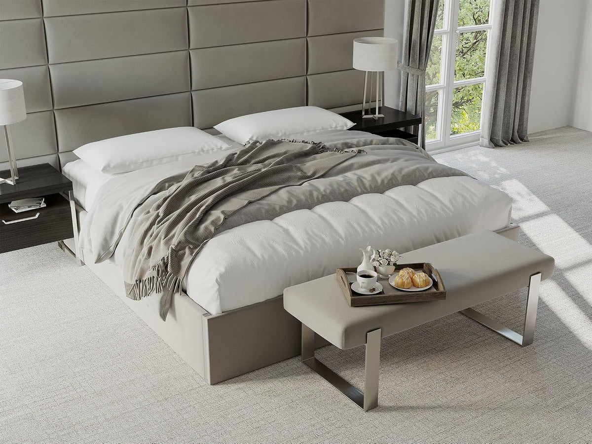 VANT Upholstered Bed Bench - Vintage Leather Light Grey - Matte Black - Contemporary Modern, Bedroom Bench Seat, Hallway, or Entryway
