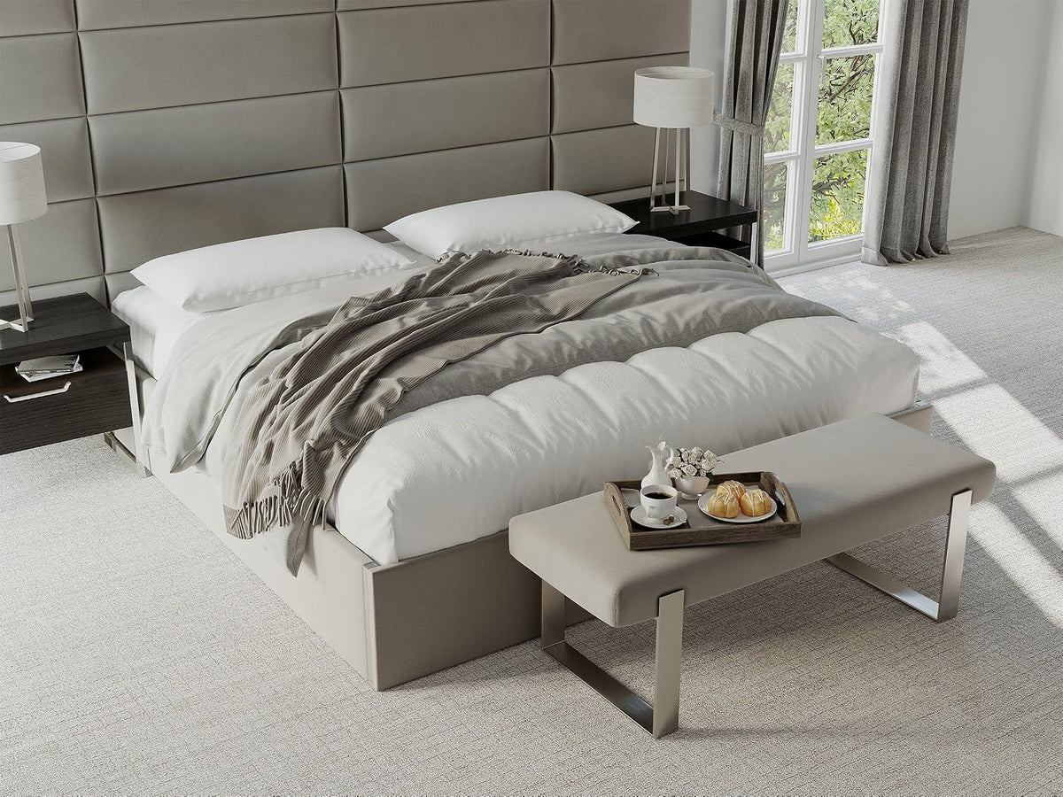 VANT Upholstered Bed Bench - Ribbed Stone - Brushed Nickel - Contemporary Modern, Bedroom Bench Seat, Hallway, or Entryway