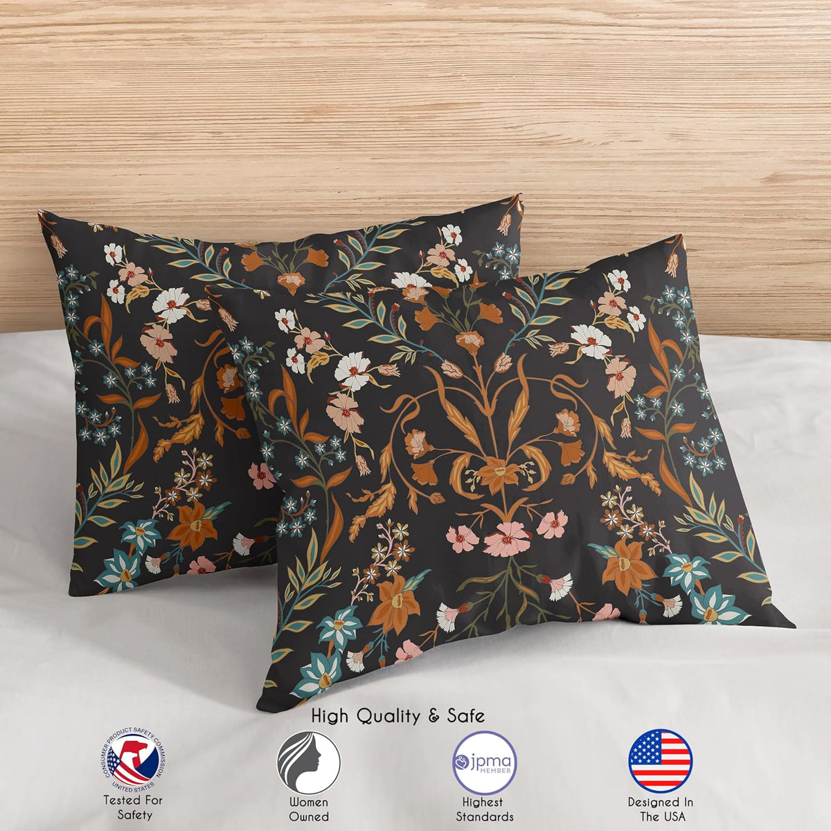 Sweet Jojo Designs Boho Wildflower Vintage Floral Girl Queen Comforter Set Full Size Bedding Teen Adult Bed Room 3p Black Orange Bohemian Farmhouse Flower Leaves Paisley Botanical Cottagecore Rustic