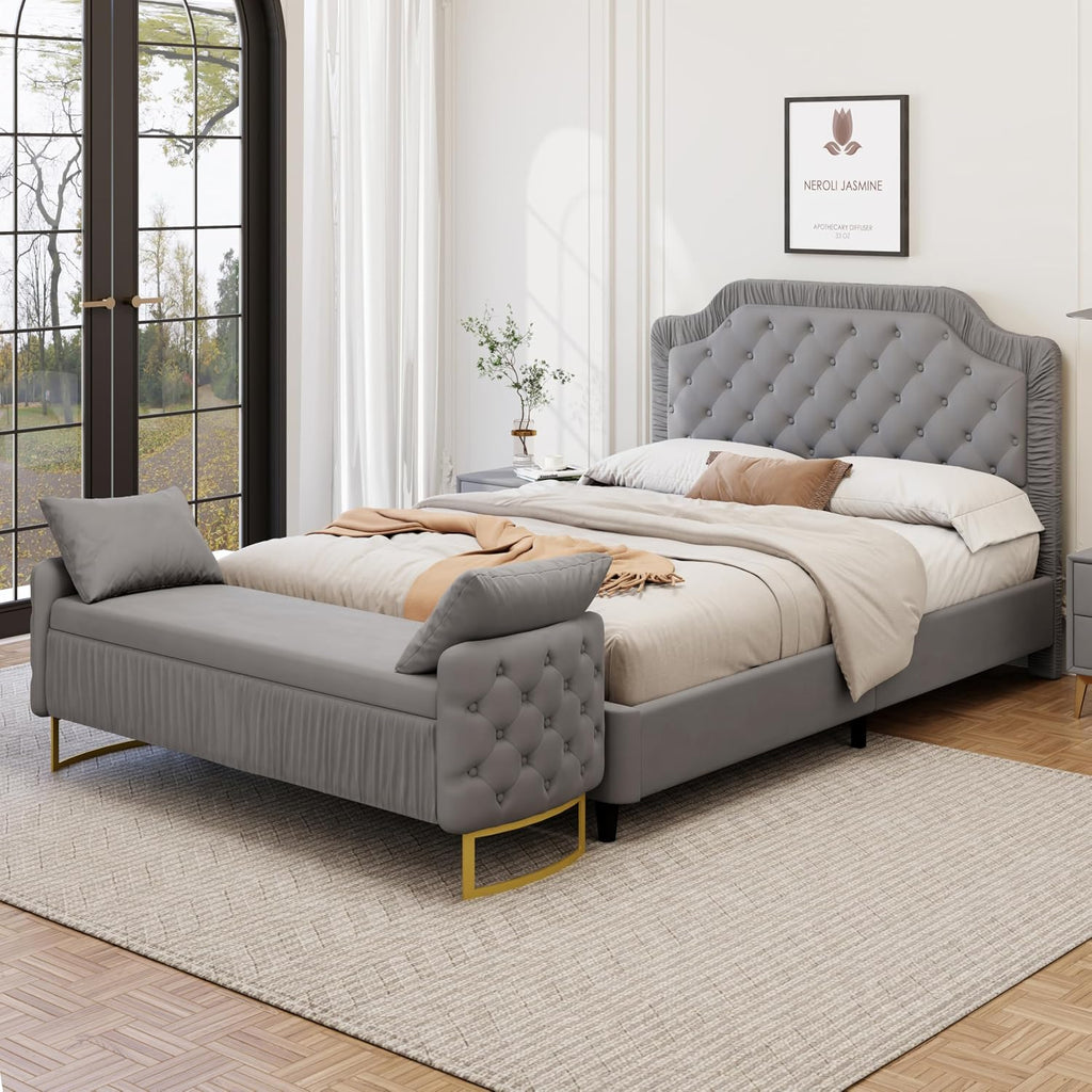 2-Pieces Bedroom Sets, Full Size Tufted Velvet Upholstered Platform Bed with Storage Ottoman Bench for Kids Teens Adult Bedroom, Wood Slat Support, No Box Spring Needed (Gray-2Z)