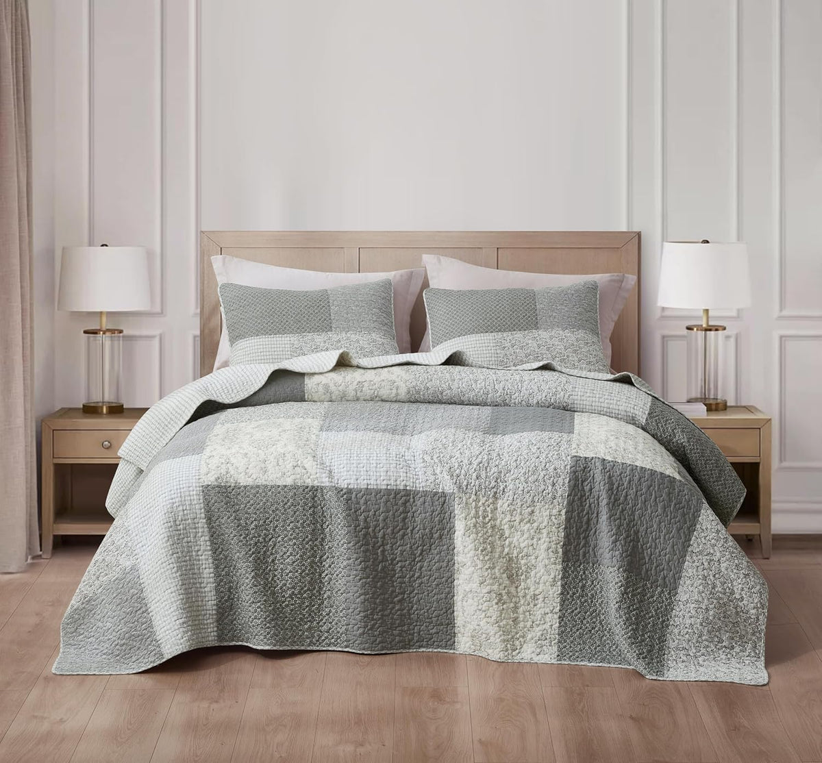 Chezmoi Collection Cooper 3-Piece Muted Gray White Ivory Floral Plaid Patchwork Quilt Set - Pre-Washed Cotton Quilted Lightweight Reversible Bedspread for All Seasons, Oversized King 120x96