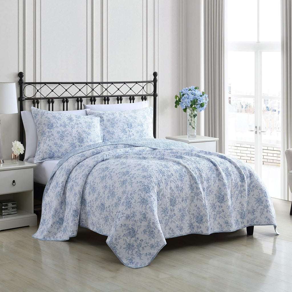 Laura Ashley - King Quilt Set, Soft & Reversible Cotton Floral Bedding with a Medium Weight Feel, 3 Piece Bed Set with Matching Pillowcases (Walled Garden Blue)