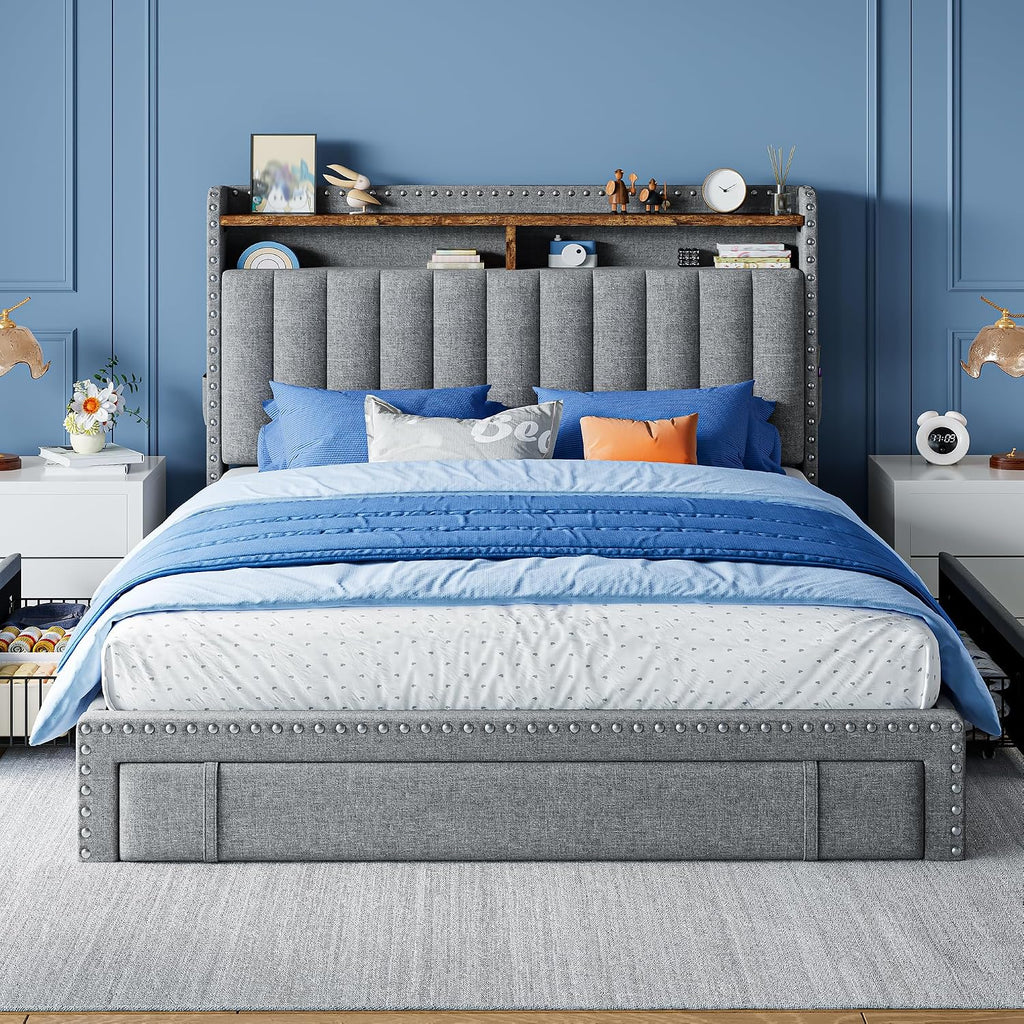 EnHomee Full Size Bed Frame with 2-Tier Storage Headboard & 3 Drawers Upholstered Platform Bed Frame Full with Wooden Slats Support, No Box Spring Needed, Grey