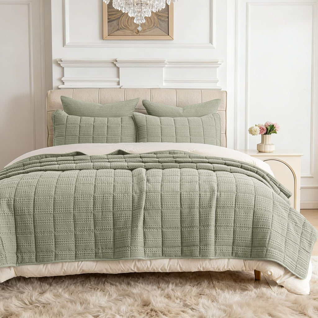 120x128 Cotton Quilt Bedding Set Oversized King Size Quilted Bedspread Sets with 2 Shams,3 Pieces Lightweight Soft Bedding Sets for All Season,Green