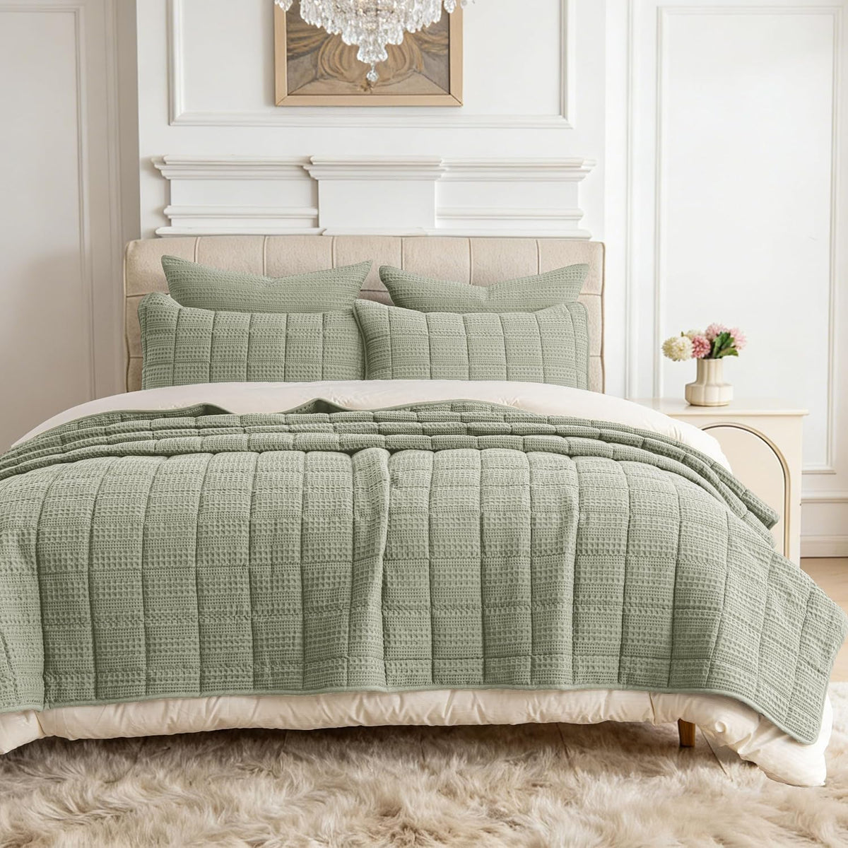 90x92 Queen Size Quilt Set with Pillow Shams Quilted Bedding Cover Ultra Soft Bedspread 3 Pieces Lightweight Soft Blanket for Home Decor,Green