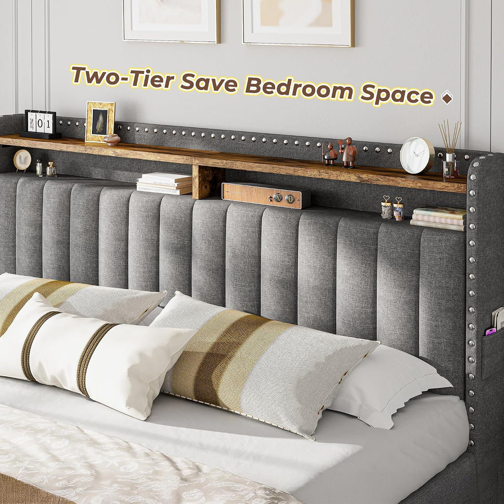 EnHomee Upholstered King Size Bed Frame with 4 Storage Drawers, 2-Tier Storage Headboard, Platform Bed Frame with Wooden Slats Support, No Box Spring Needed, Grey
