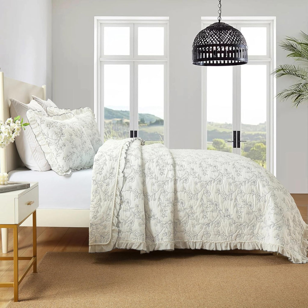 MarCielo 3-Piece 100% Cotton Bedspread Lightweight Quilt Coverlet Embroidery Farmhouse Bedding Set (Floral,Queen (98' X 90'))
