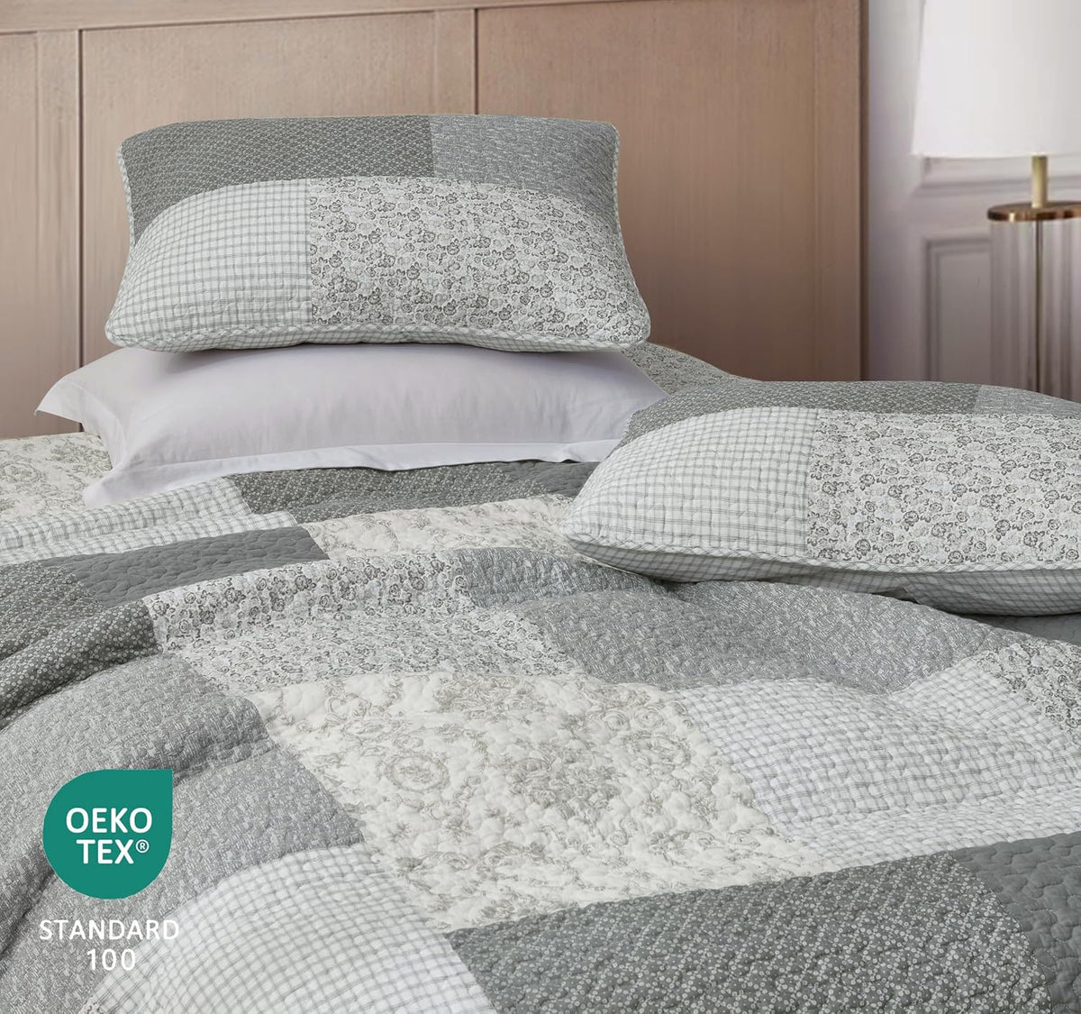 Chezmoi Collection Cooper 3-Piece Muted Gray White Ivory Floral Plaid Patchwork Quilt Set - Pre-Washed Cotton Quilted Lightweight Reversible Bedspread for All Seasons, Oversized King 120x96