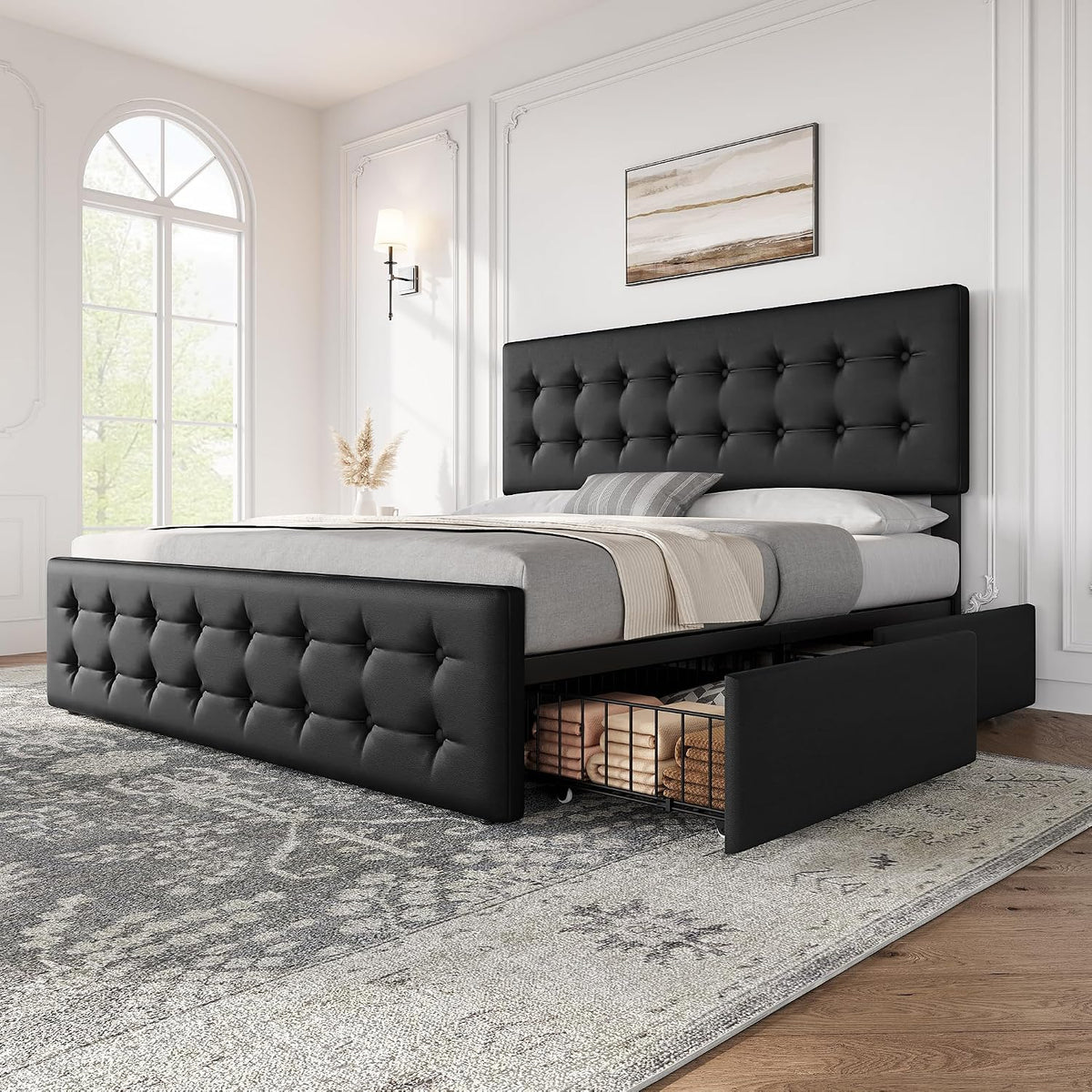 GarveeHome King Size Bed Frame with 4 Storage Drawers and Faux Leather Upholstered Headboard, Wooden Slats Support, Button Tufted Design, No Box Spring Needed, Black