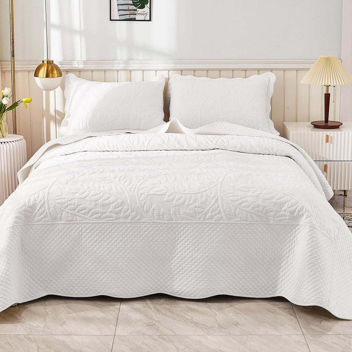 MarCielo 3-Piece 100% Cotton Oversized Bedspread Lightweight Quilt Coverlet Embroidery Farmhouse Bedding Set T0 (Bright White, Oversized King (118'x106'))