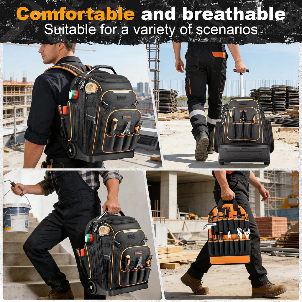 Rolling Tool Backpack Bag with Wheels, Heavy Duty Tool Bag on Wheels for Men, HVAC Electrician Plumber Large Tool Organizer with Molded Base, Combination Lock & USB Port for Construction Jobsite