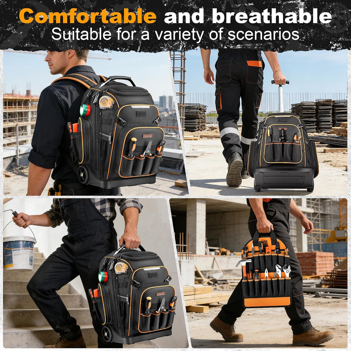 Rolling Tool Backpack Bag with Wheels, Heavy Duty Tool Bag on Wheels for Men, HVAC Electrician Plumber Large Tool Organizer with Molded Base, Combination Lock & USB Port for Construction Jobsite