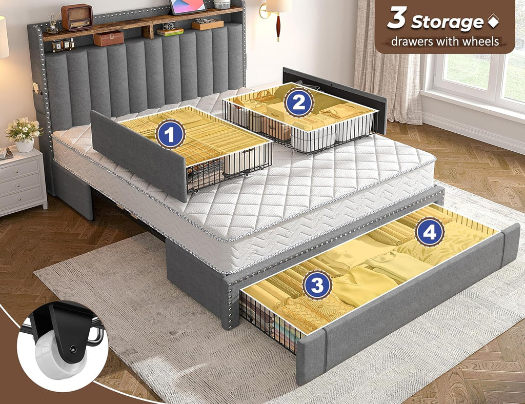 EnHomee Full Size Bed Frame with 2-Tier Storage Headboard & 3 Drawers Upholstered Platform Bed Frame Full with Wooden Slats Support, No Box Spring Needed, Grey