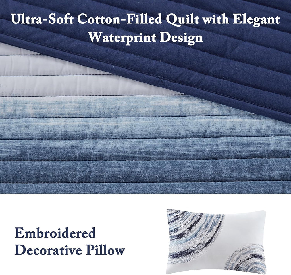 Madison Park Essentials Saben Cozy Bed in A Bag Reversible Quilt with Complete Cotton Sheet Set-Geometric Design All Season Cover, Decorative Pillow, Queen(90'x90'), Stripes Navy 8 Piece