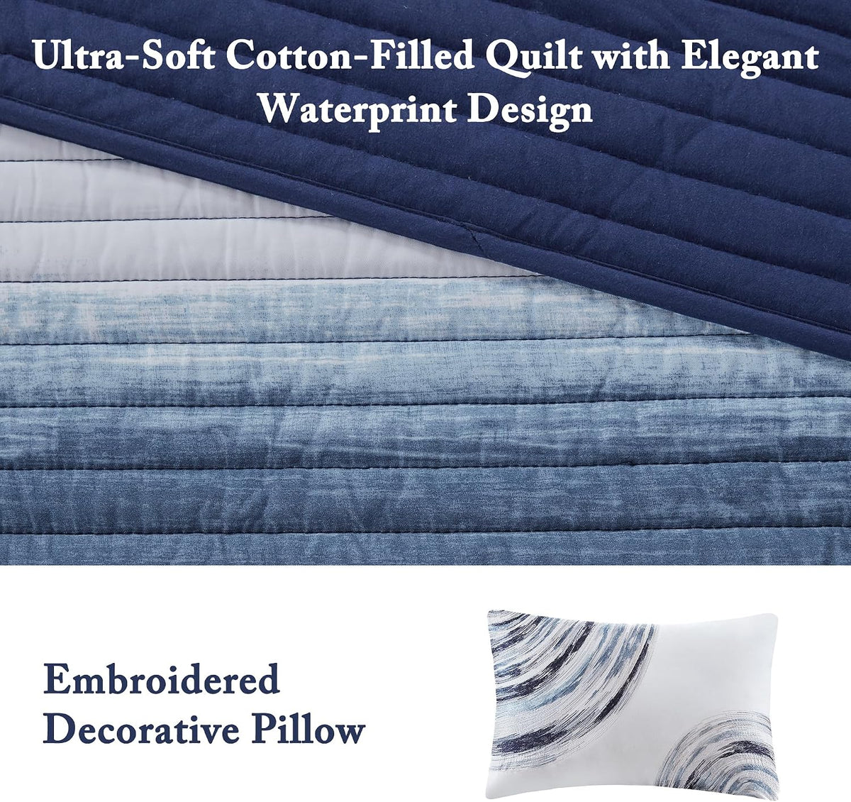 Madison Park Essentials Saben Cozy Bed in A Bag Reversible Quilt with Complete Cotton Sheet Set-Geometric Design All Season Cover, Decorative Pillow, Queen(90'x90'), Stripes Navy 8 Piece