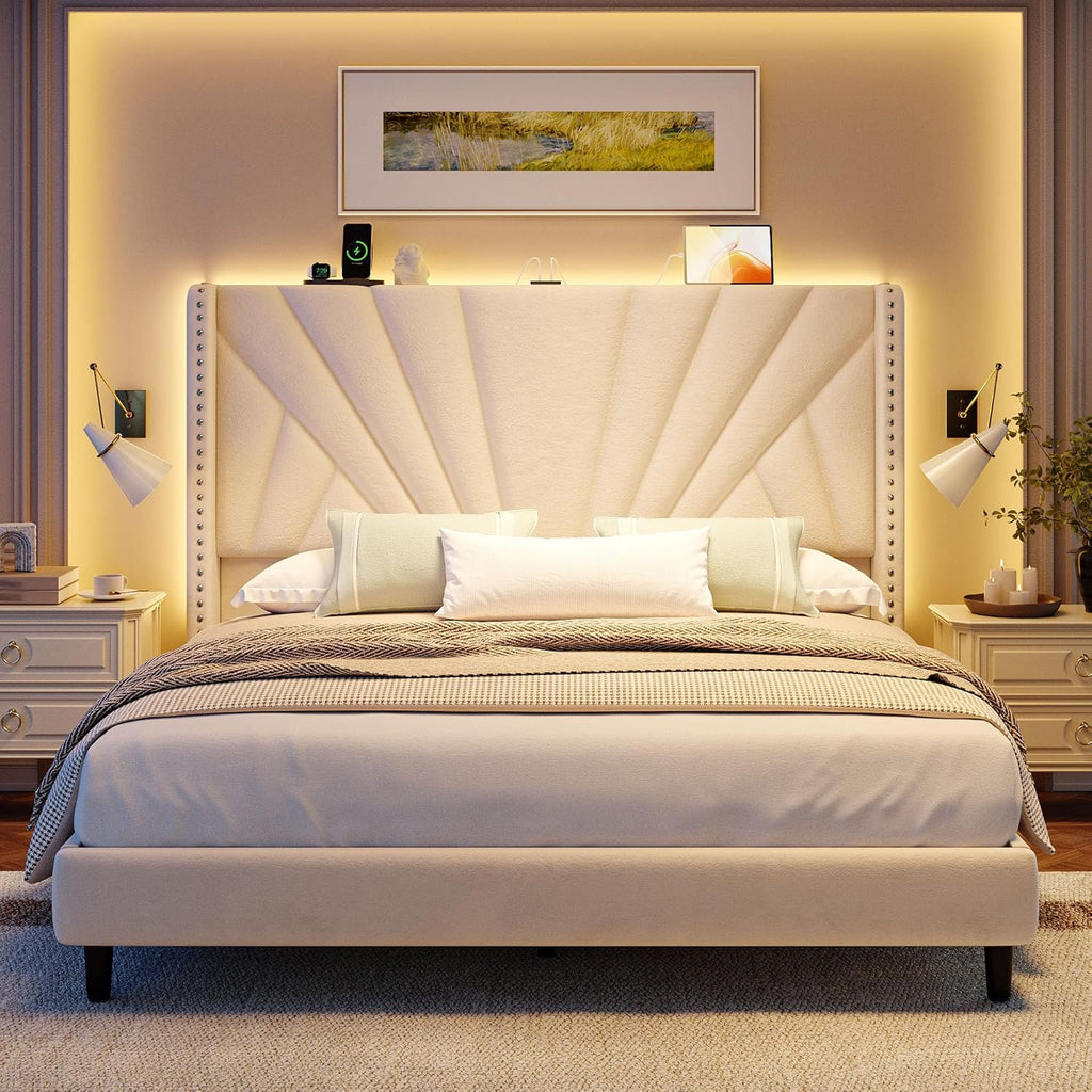 EnHomee Queen Bed Frame with 51' Tall Velvet Wingback Headboard, LED Lights, and Charging Station, Noise-Free Platform Bed with Spacious Underbed Space, Beige