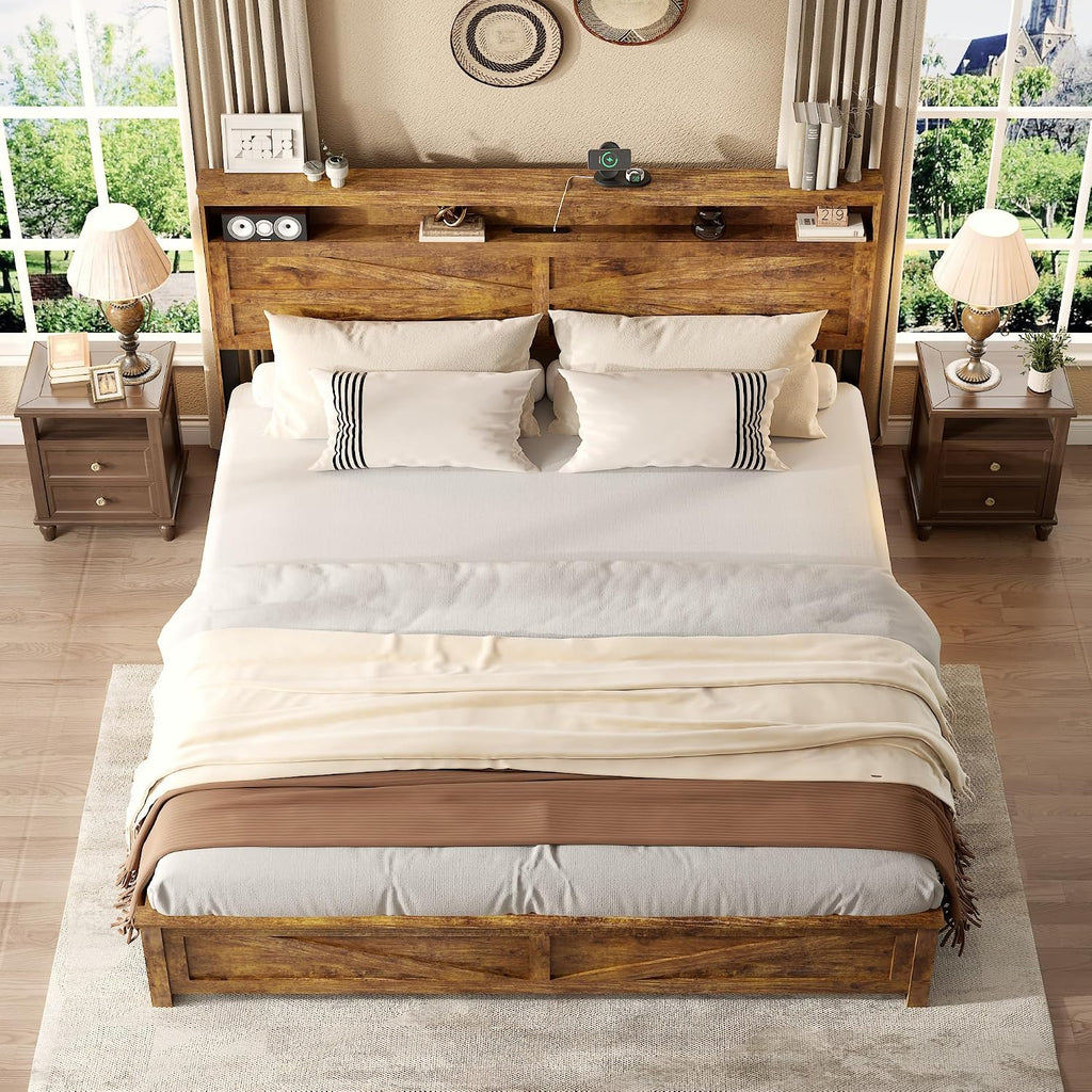 Farmhouse King Size Bed Frame with Headboard Storage Shelf, Wood Platform Bed Frame with LED Lights & Charging Station, Rustic Brown Metal Bed, No Box Spring Needed, Noise-Free Sturdy Structure