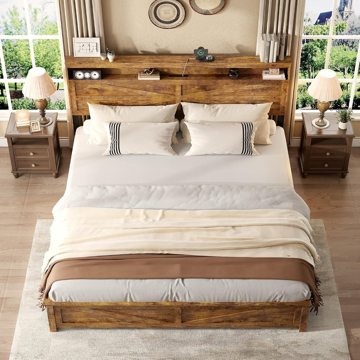Farmhouse King Size Bed Frame with Headboard Storage Shelf, Wood Platform Bed Frame with LED Lights & Charging Station, Rustic Brown Metal Bed, No Box Spring Needed, Noise-Free Sturdy Structure