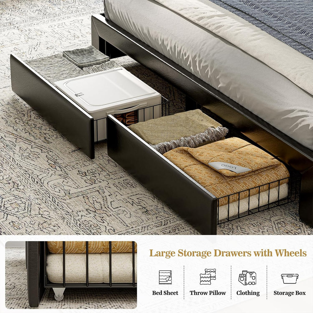 IKIFLY California King Bed Frames with 4 Drawers & Hidden Storage Headboard, Upholstered Cal King LED Platform Bed with Type-C Charging Station, No Box Spring Needed, Wood Slats, Noise Free (Black)