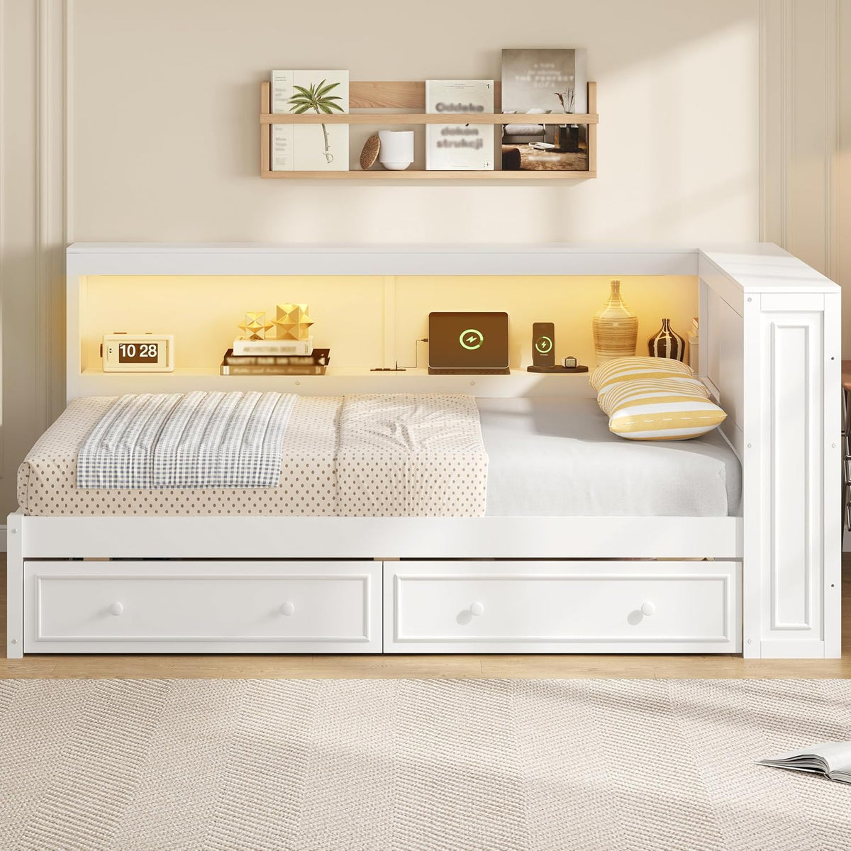 SOFTSEA Full Size Corner Bed with Drawers & Bookcase, L-Shaped Daybed with LED Lights & USB Ports, Wood Reversible Day Bed Frame with Storage Headboard for Kids Teens Bedroom, White