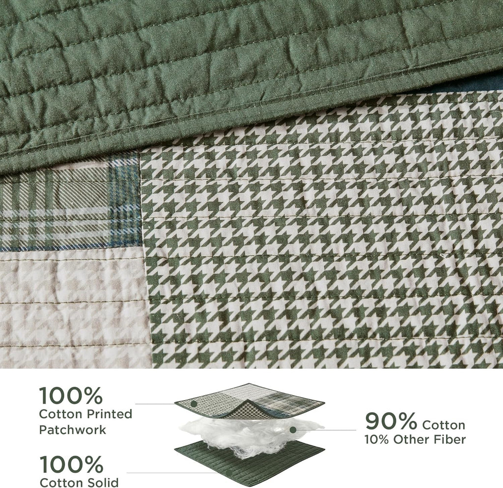 Woolrich Mill Creek Reversible Quilt Set - Cottage Styling Reversed to Solid Color, All Season Lightweight Coverlet, Cozy Bedding Layer, Matching Shams, Oversized King/Cal King, Plaid Green 3 Piece