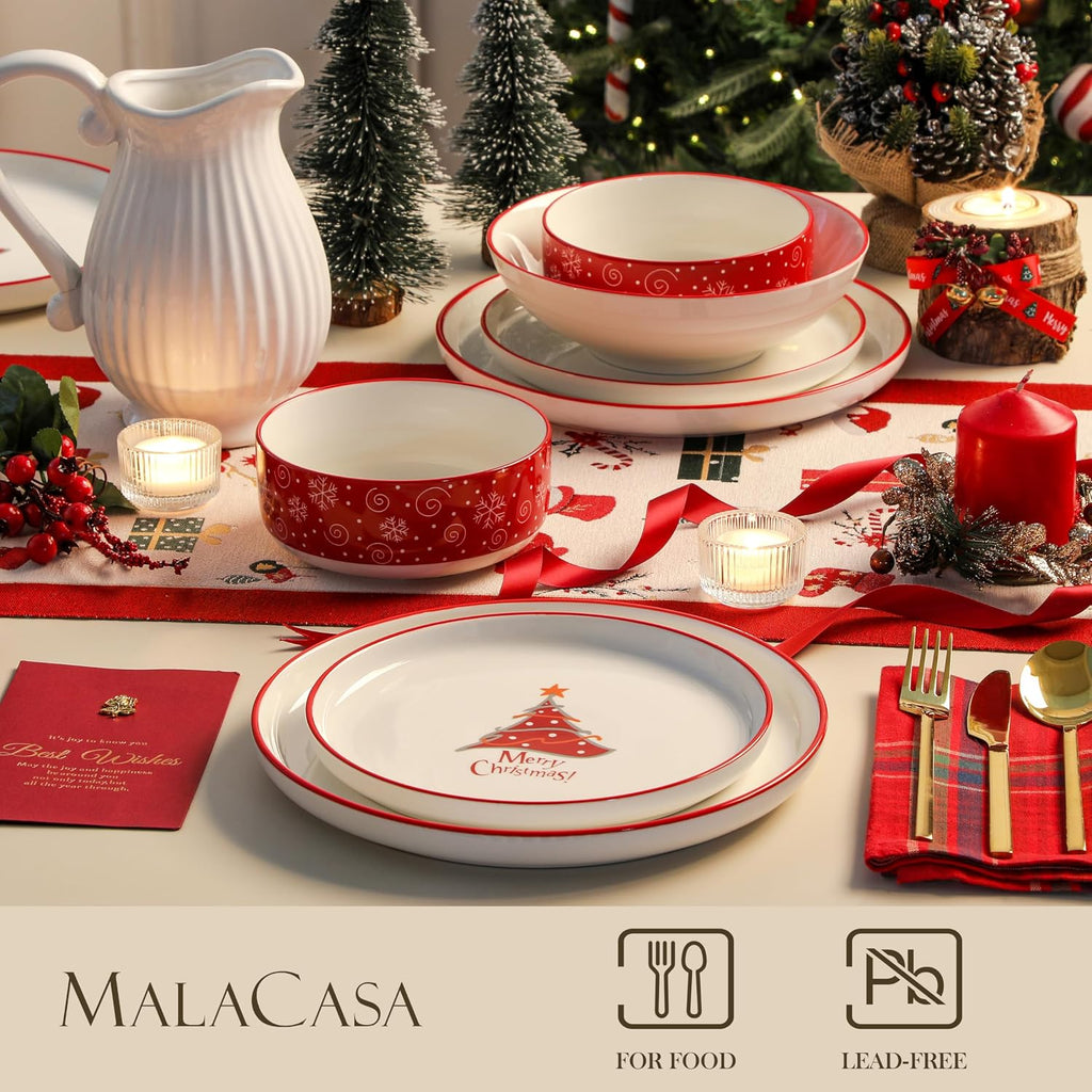 MALACASA Plates and Bowls Sets, 24 Pieces Christmas Porcelain Dinnerware Set for 6, Ceramic Dishware Dishes Kitchen Dining Ware Set, Microwave and Dishwasher Safe, Series LUNA-Christmas Tree