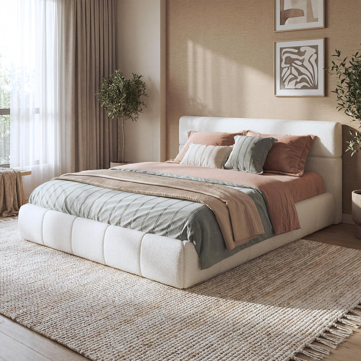 JIJIWANG Queen Size Upholstered Platform Bed Frame with Soft Boucle Fabric Headboard, Wooden Slats Support, No Box Spring Needed,Easy Assembly, White