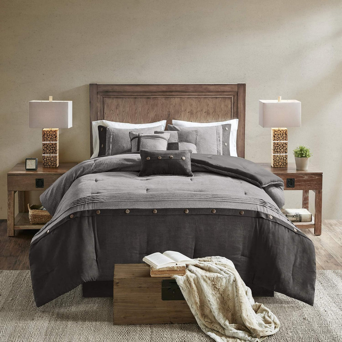 Madison Park Boone Cozy Comforter Set, Faux Suede, Deluxe Hotel Styling All Season Down Alternative Bedding Matching Shams, Decorative Pillow, King (104 in x 92 in), Rustic Grey 7 Piece Dark Grey 7pcs
