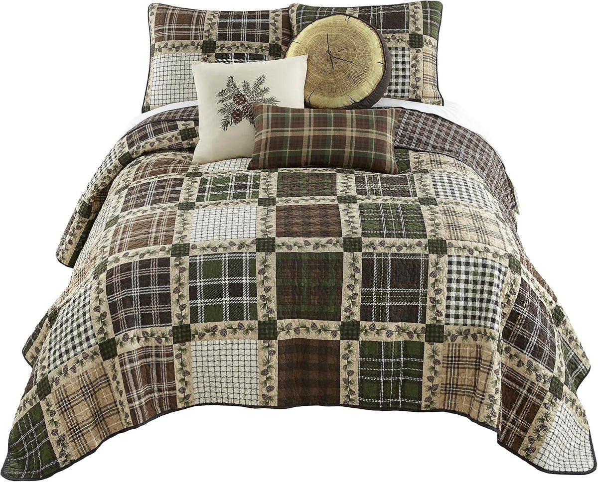 Donna Sharp Twin Bedding Set - 2 Piece - Pine Patch Cotton Quilt and One Standard Size Pillow Sham - Machine Washable - Perfect for Rustic Decor!