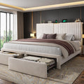 Homkdom King Size Bed Frame with Velvet Storage Headboard, 2 Large Drawers & 3 Charging Ports, 51.3' Tall King Bed Frame Featuring Sturdy Wood Slats and No Box Spring Needed, No Assembly Stress,Beige