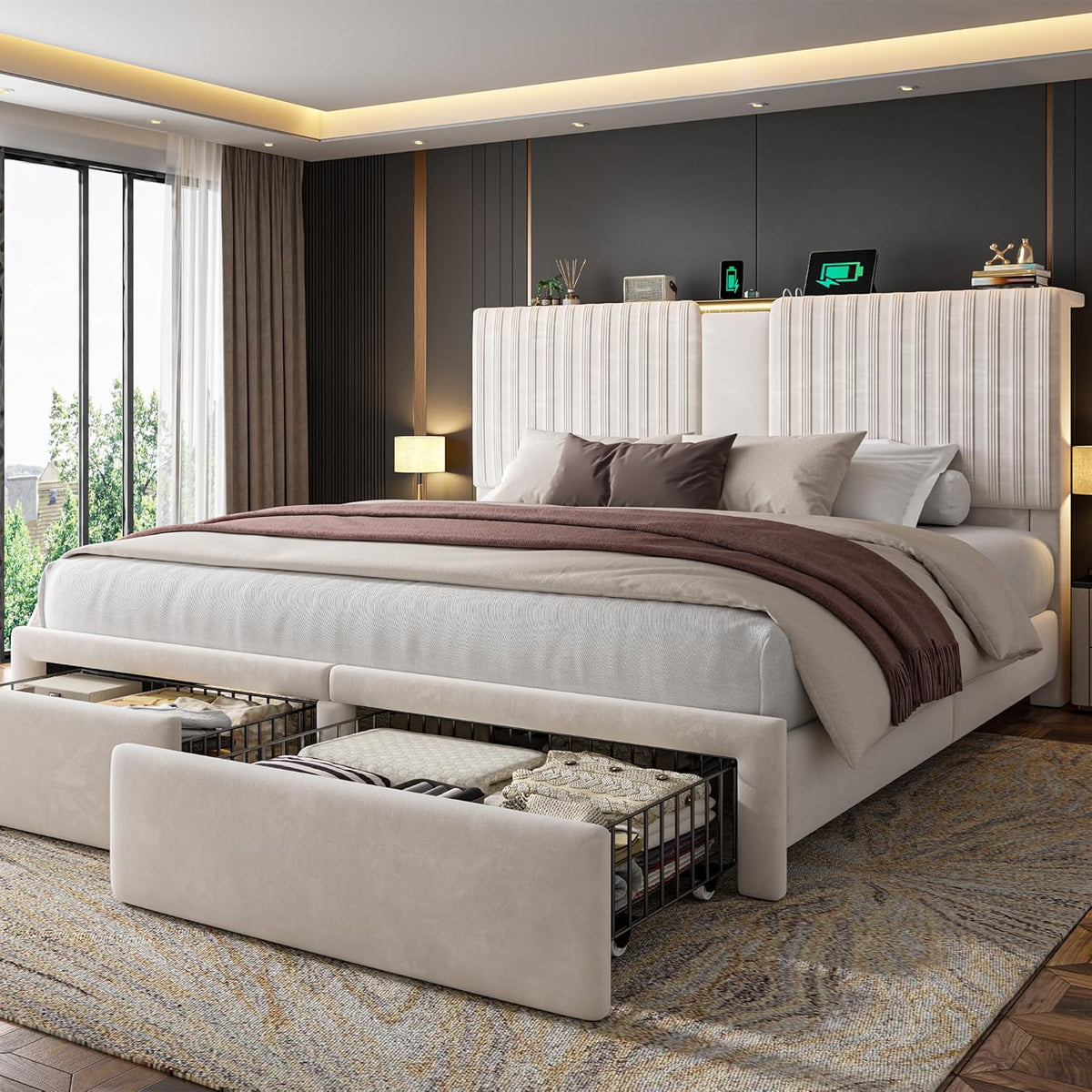 Homkdom King Size Bed Frame with Velvet Storage Headboard, 2 Large Drawers & 3 Charging Ports, 51.3' Tall King Bed Frame Featuring Sturdy Wood Slats and No Box Spring Needed, No Assembly Stress,Beige
