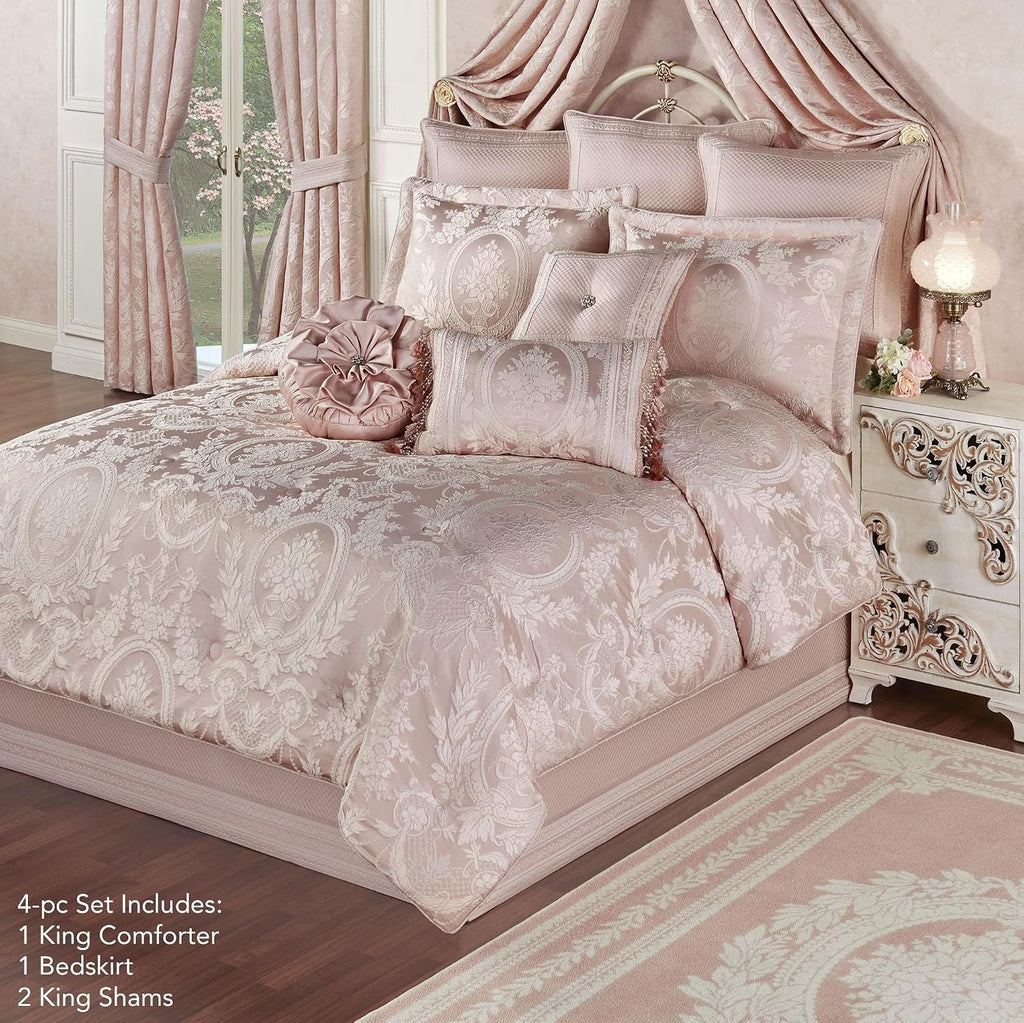 Marquessa Luxury Bedding | Soft Pearl and Pastel Blush Pink | Puff Jacquard-Woven Traditional Floral Bouquet and Swag Motifs | 4 Piece Set includes Oversized King Comforter, Bedskirt, and 2 King Shams
